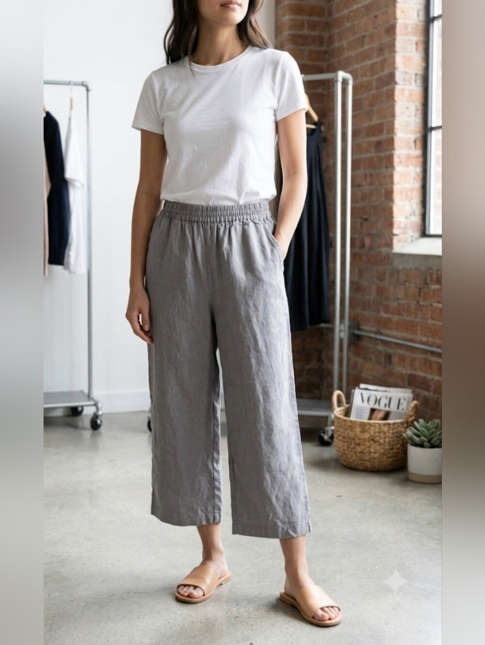Ecupper Women's 100% Linen Everyday Elastic-Waist Crop Pants Pull On Gray Small